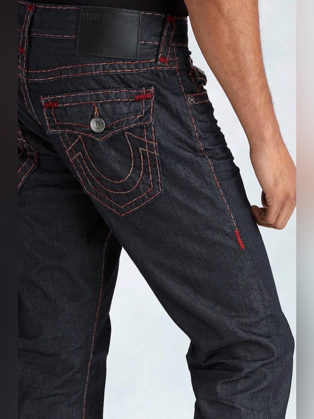 True Religion•Geno Relaxed Slim Jeans Dark Wash Red Super T Stitch Denim